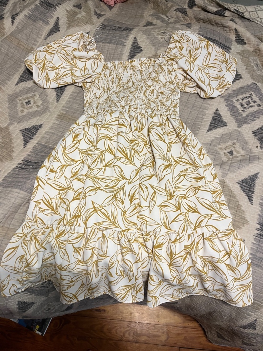 HYFVE White Mini Dress with Mustard Leaf Print